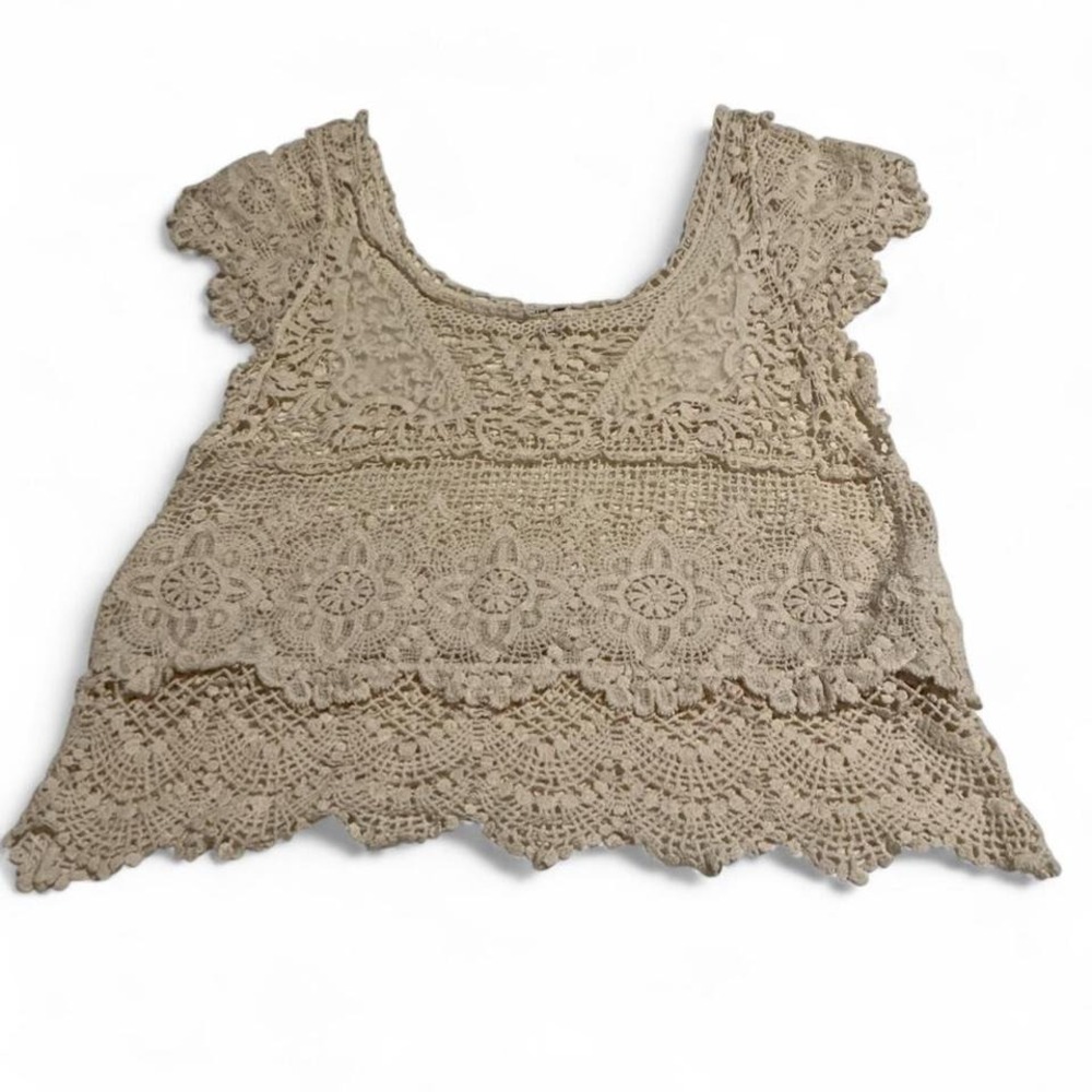 Teenbell Crochet Lace Top Womens Beige Excellent Boho Floral‎ Scalloped